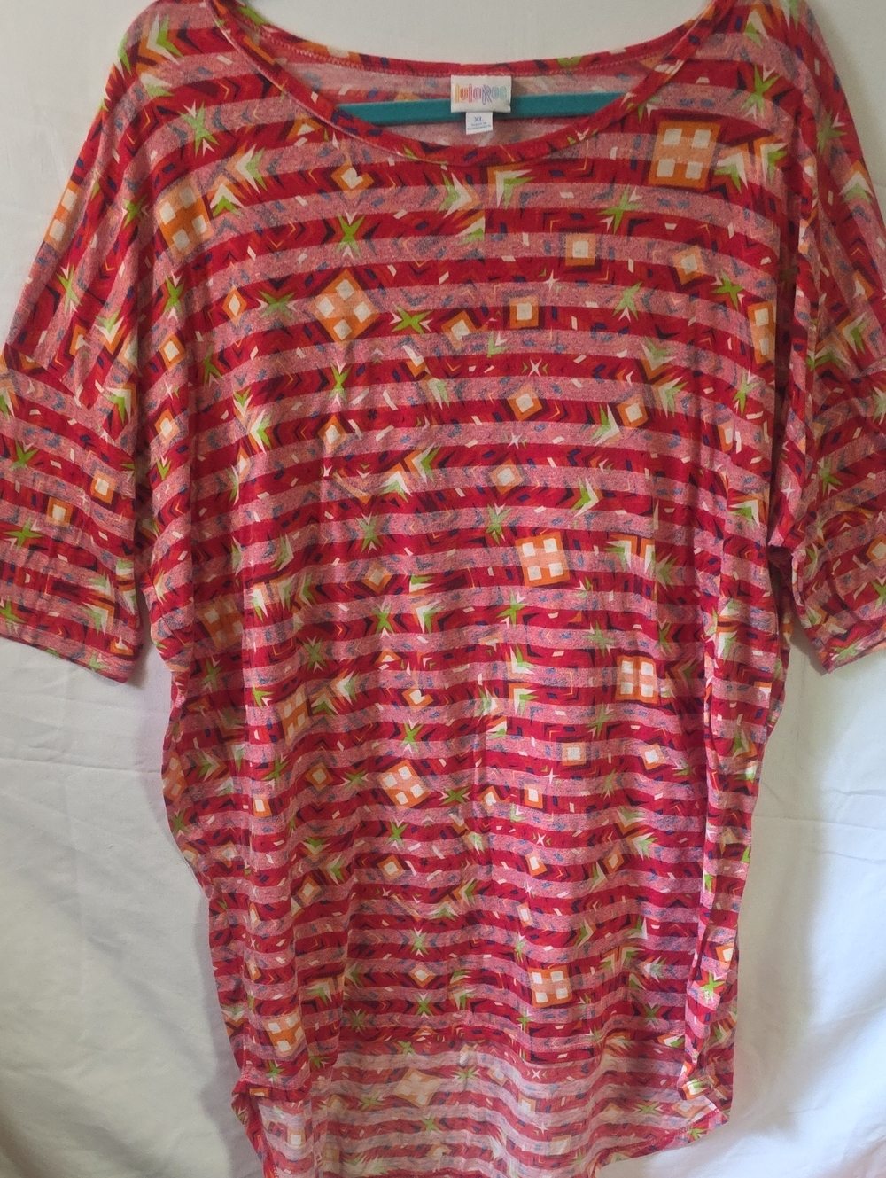 LuLaRoe Red Irma Tunic Multi-Pattern Short Sleeve Tee